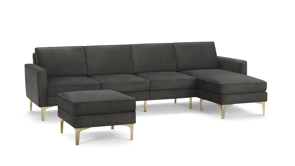 Nomad Velvet King Sofa with Reversible Chaise and Ottoman - Graphite Grey - Performance Velvet / Brass - Metal