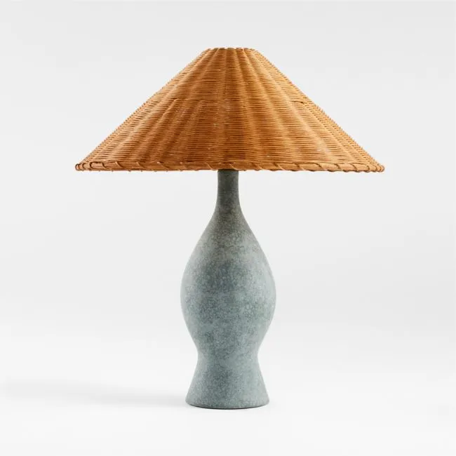 Courbe Green Ceramic Table Lamp with Rattan Shade by Athena Calderone 24.2"