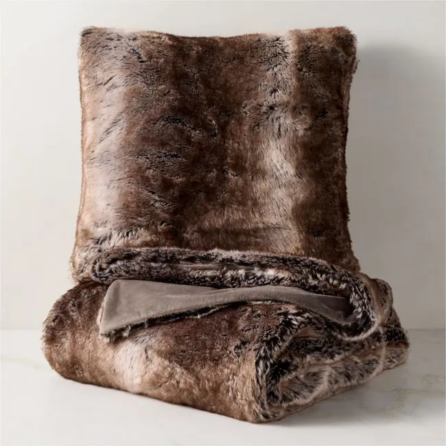 Dorian Brown Faux Fur Throw Pillow Cover and Throw Blanket Set