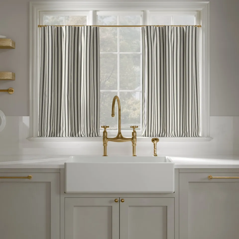Printed Linen Café Curtain, Black Classic Ticking Stripe, 25" x 30", Unlined