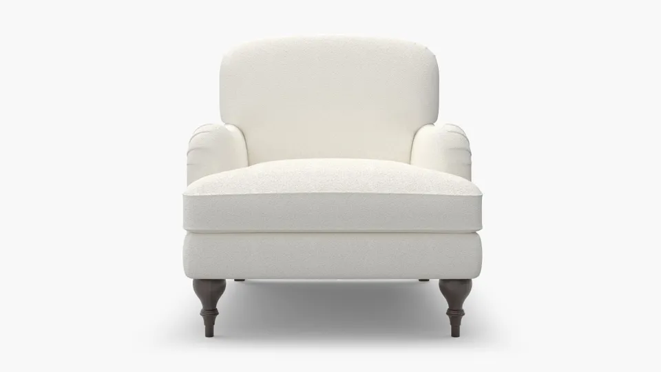 English Roll Arm Chair, Snow Boucle, Espresso Turned Wood Leg