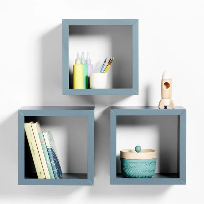 Ever Simple Slate Blue Wood Floating Cube Shelves, Set of 3