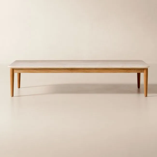 Tide 60" Rectangular Travertine and Teak Outdoor Coffee Table