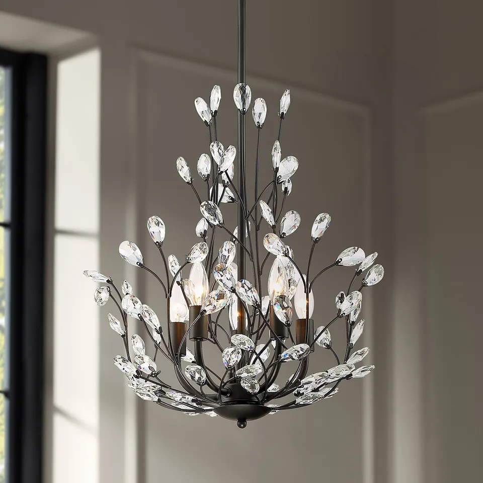 Regency Hill Aurine 18" Matte Black and Floral Crystal Chandelier