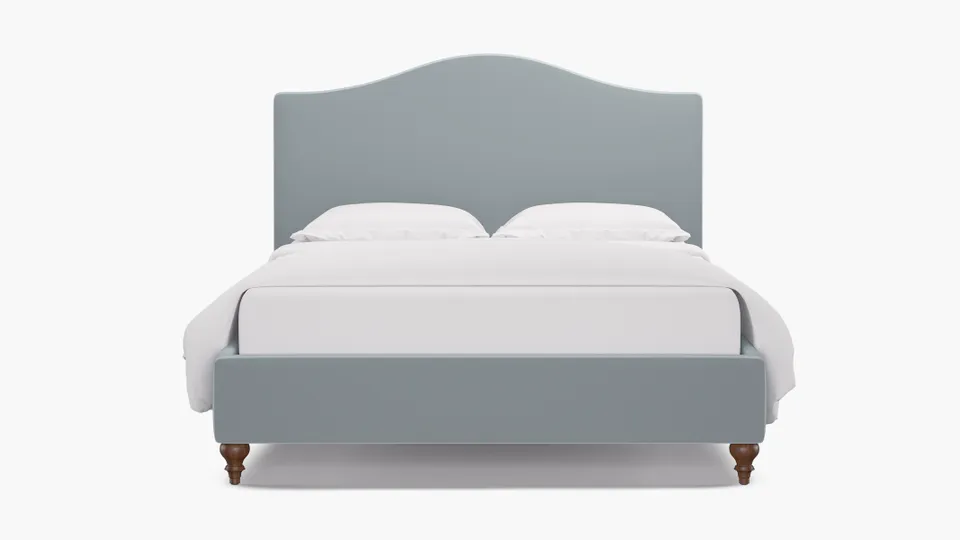 Camelback Bed, Sterling Performance Velvet, Walnut Traditional Turned Leg, Full