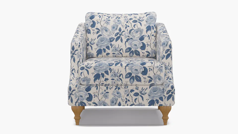 Slope Arm Chair, Delft Chintz, Natural Turned Wood Leg