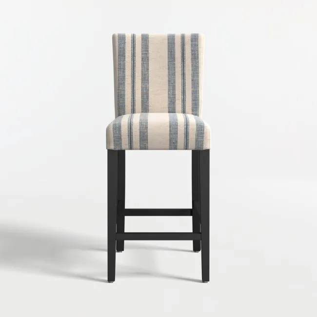 Lowe Indigo Stripe Upholstered Counter Stool with Ebony Wood Legs