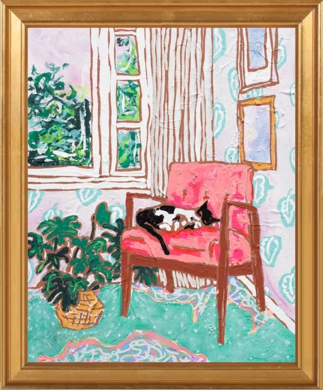 Cat Nap: Tuxedo Cat Napping in Mid-Century Chair by Lara Lee Meintjes for Artfully Walls