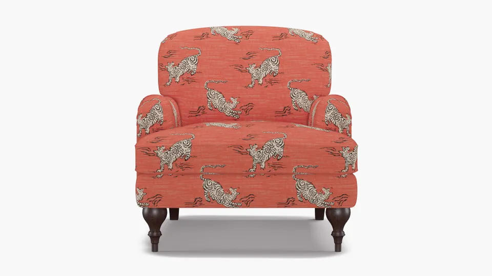 English Roll Arm Chair, Coral Tigresse, Espresso Turned Wood Leg