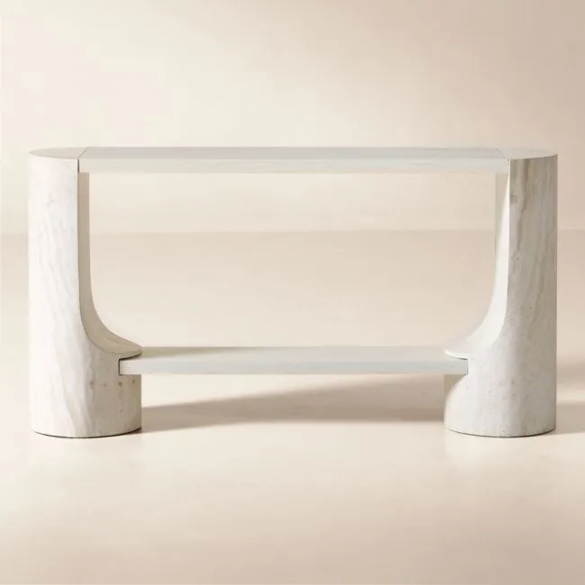 Scoop 55" Travertine and Oak Wood Console Table