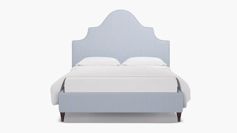 Statement Bed, Cornflower Classic Ticking Stripe, Espresso Decorative Tapered Leg, Queen