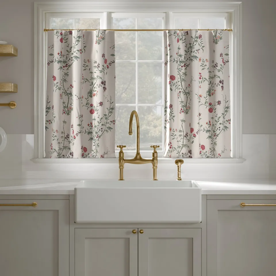 Printed Linen Café Curtain, Multi Bamboo Garden, 25" x 24", Privacy
