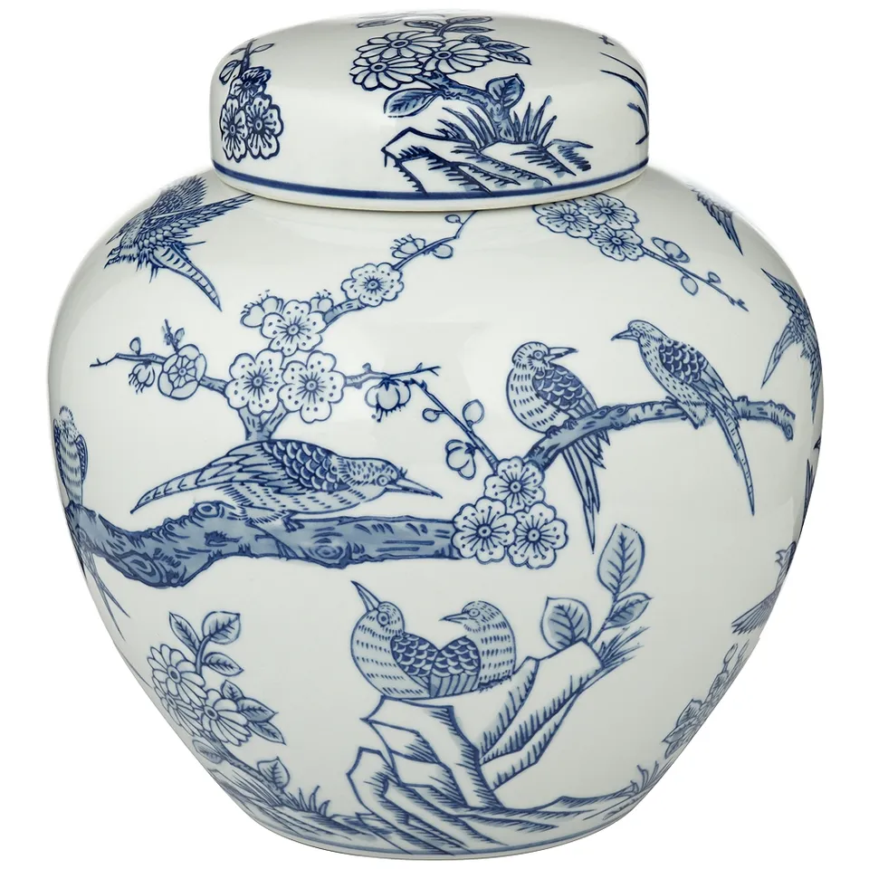 Heather 9 1/2" High Blue and White Ceramic Ginger Jar with Lid