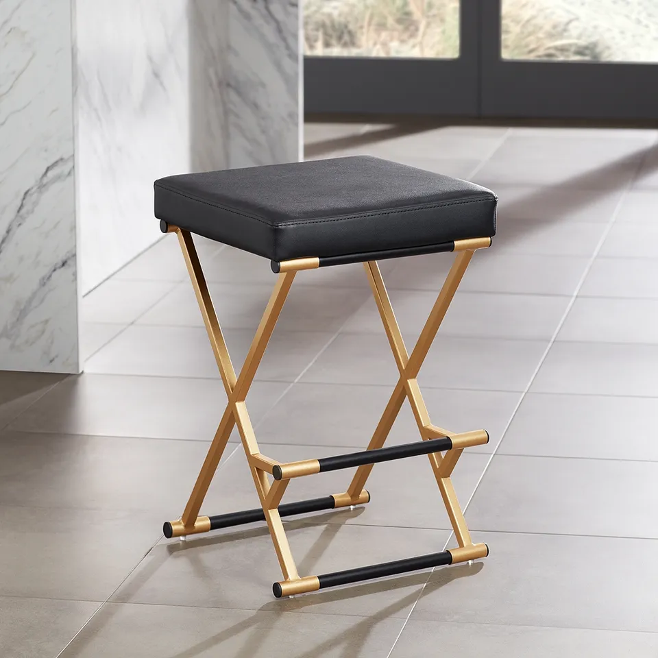 Collier 25" High Black Faux Leather and Gold Counter Stool