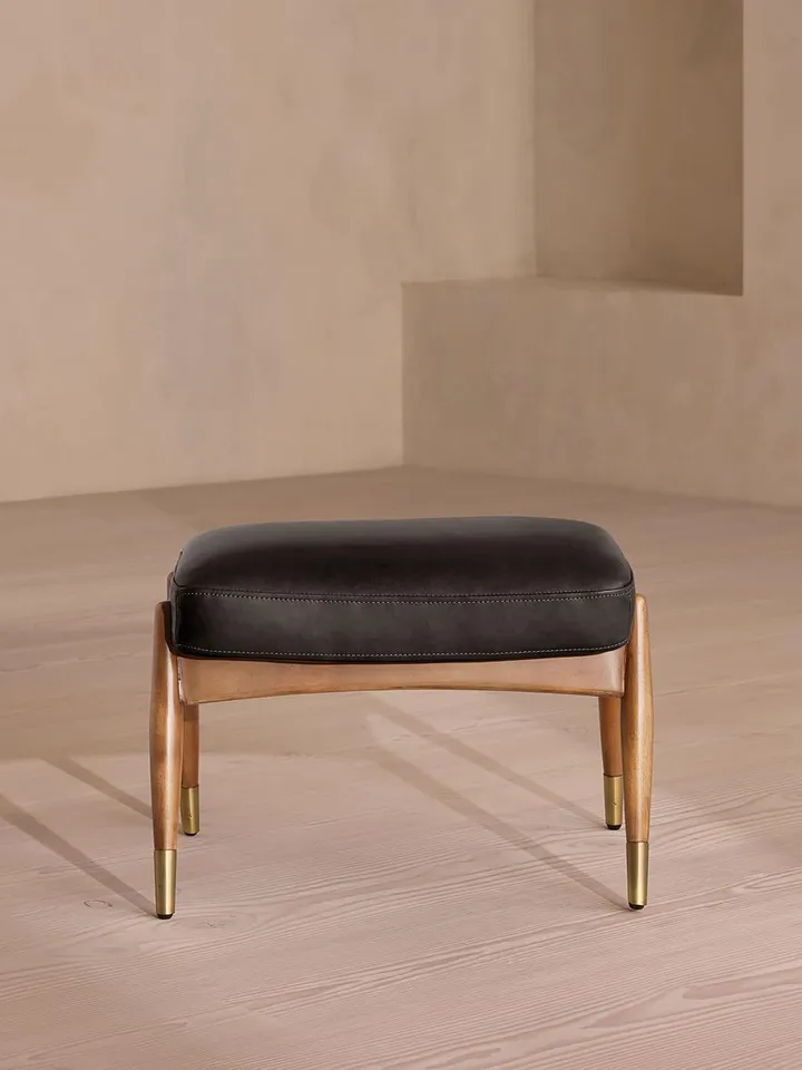 Theodore Oak Footstool, Black Leather, US