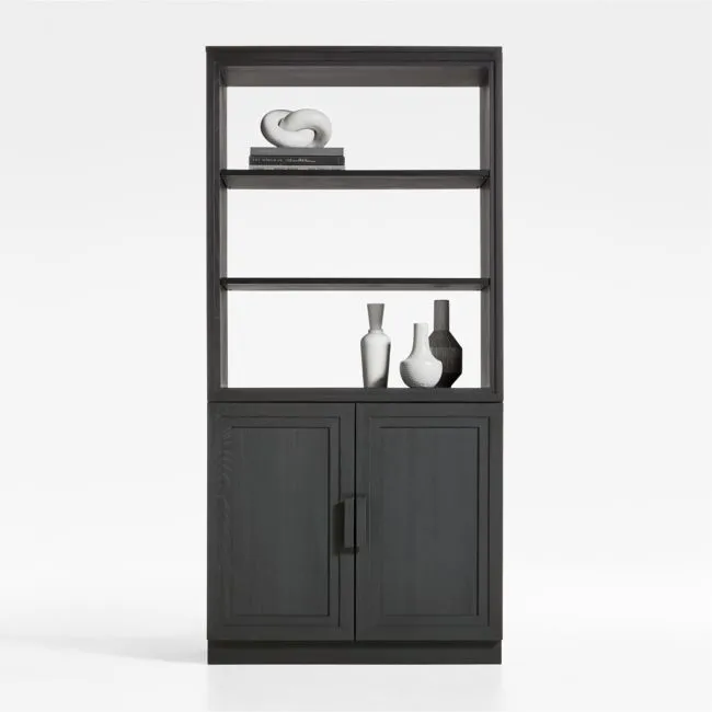 Calypso 36" Black Wood Bookcase with Wood-Door Storage