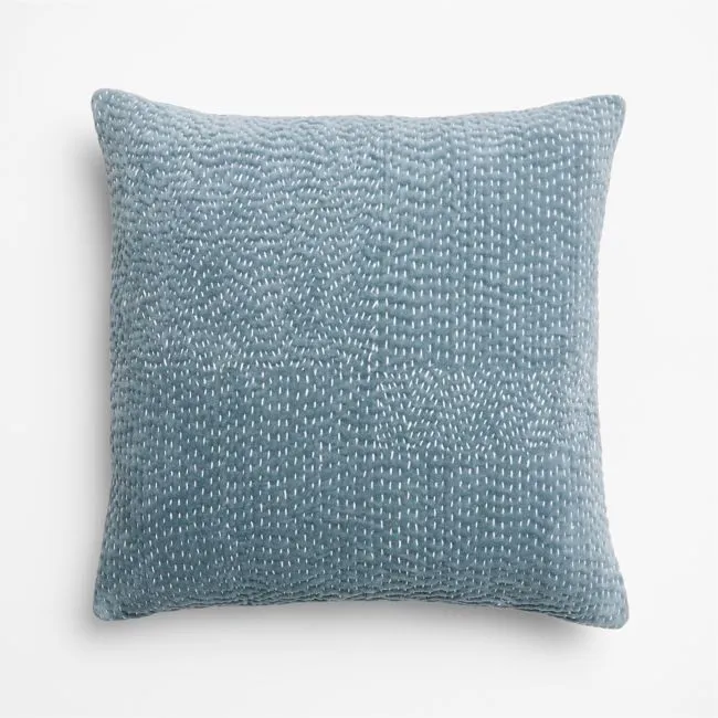 Sashiko Organic Cotton Velvet 20"x20" Blue Throw Pillow with Down-Alternative Insert