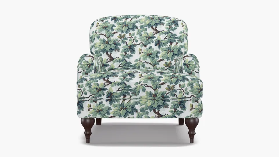 English Roll Arm Chair, Sage Woodland, Espresso Turned Wood Leg