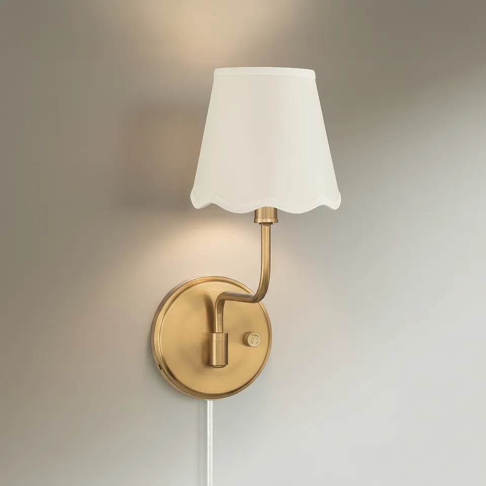 Ophelia 9 1/2"H Warm Brass Plug-In Wall Sconce White Scallop Shade