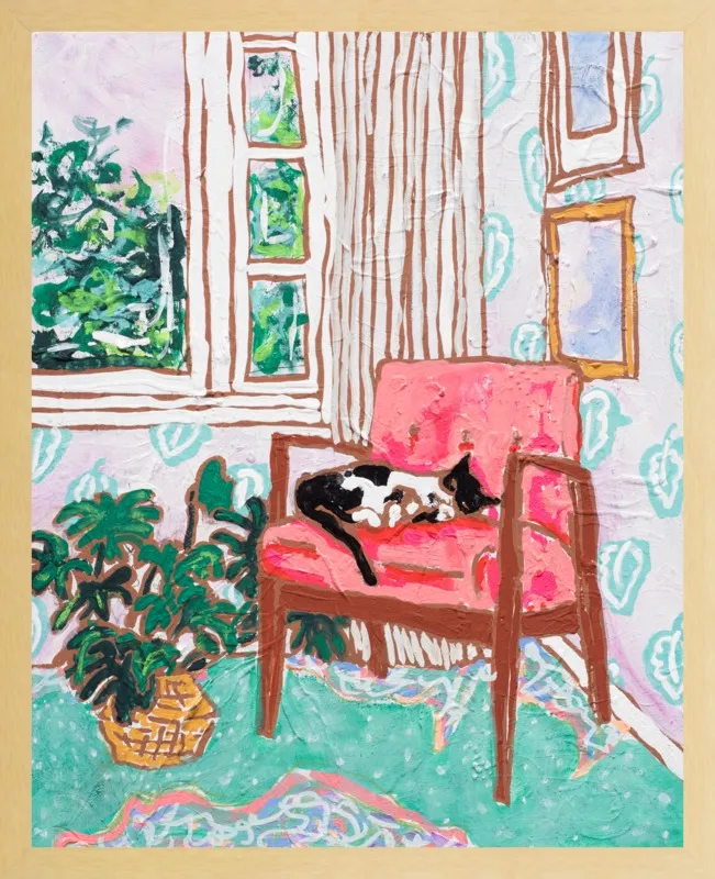 Cat Nap: Tuxedo Cat Napping in Mid-Century Chair by Lara Lee Meintjes for Artfully Walls