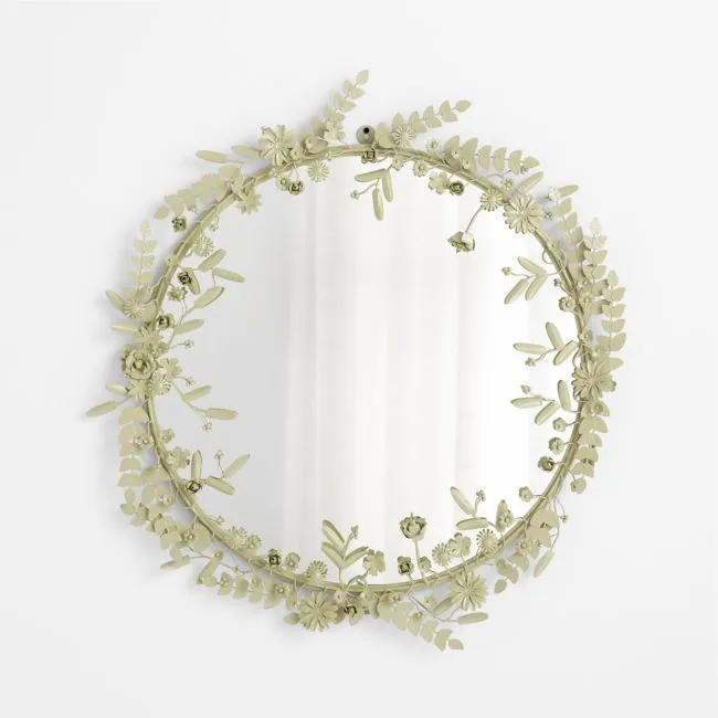 Flower Crown Laurel Green Metal 30" Round Wall Mirror