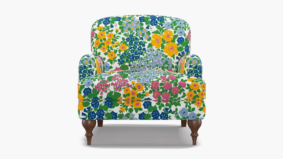 English Roll Arm Chair, Fuchsia Million Flowers, Walnut Turned Wood Leg