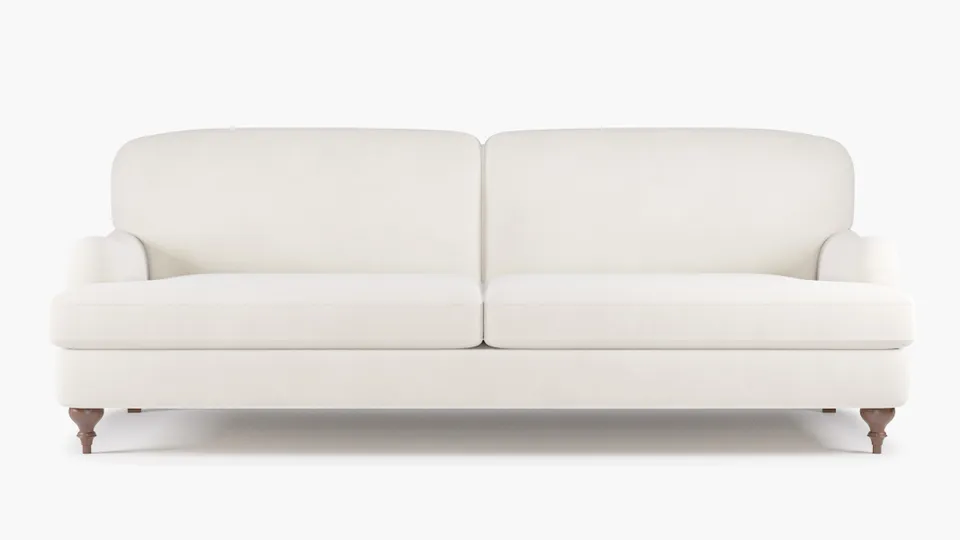 English Roll Arm Sofa, White Performance Velvet, Walnut Turned Wood Leg