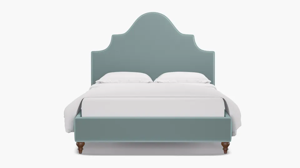 Statement Bed, Spa Performance Plush Velvet, Walnut Traditional Turned Leg, Full