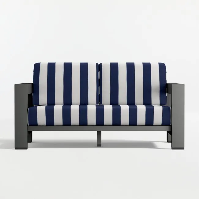 Walker 63" Metal Outdoor Loveseat with Canvas Navy and White Cabana Stripe Sunbrella ® Cushions