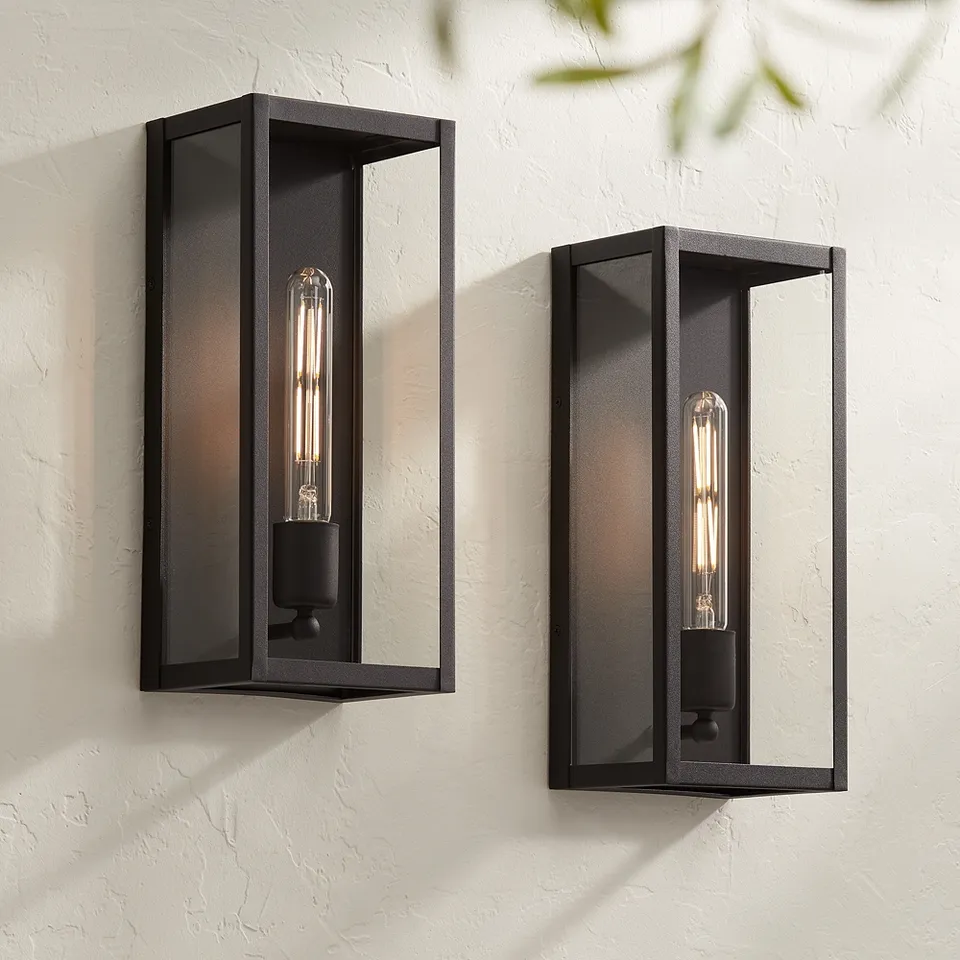 Cornell 14 1/4" High Sand Black Box Outdoor Wall Light Set of 2