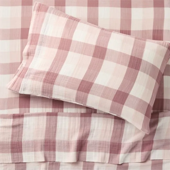Supersoft Gingham Lilac Rose 100% Organic Cotton Gauze Kids Twin Sheet Set