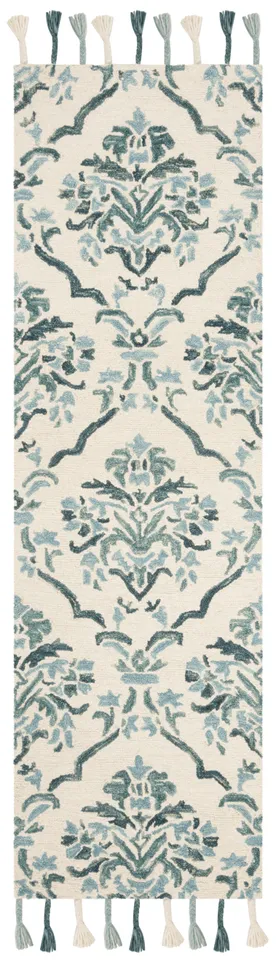 Arlo Home Hand Hooked Area Rug, SZN205A, Ivory/Turquoise,  2' 3" X 8'