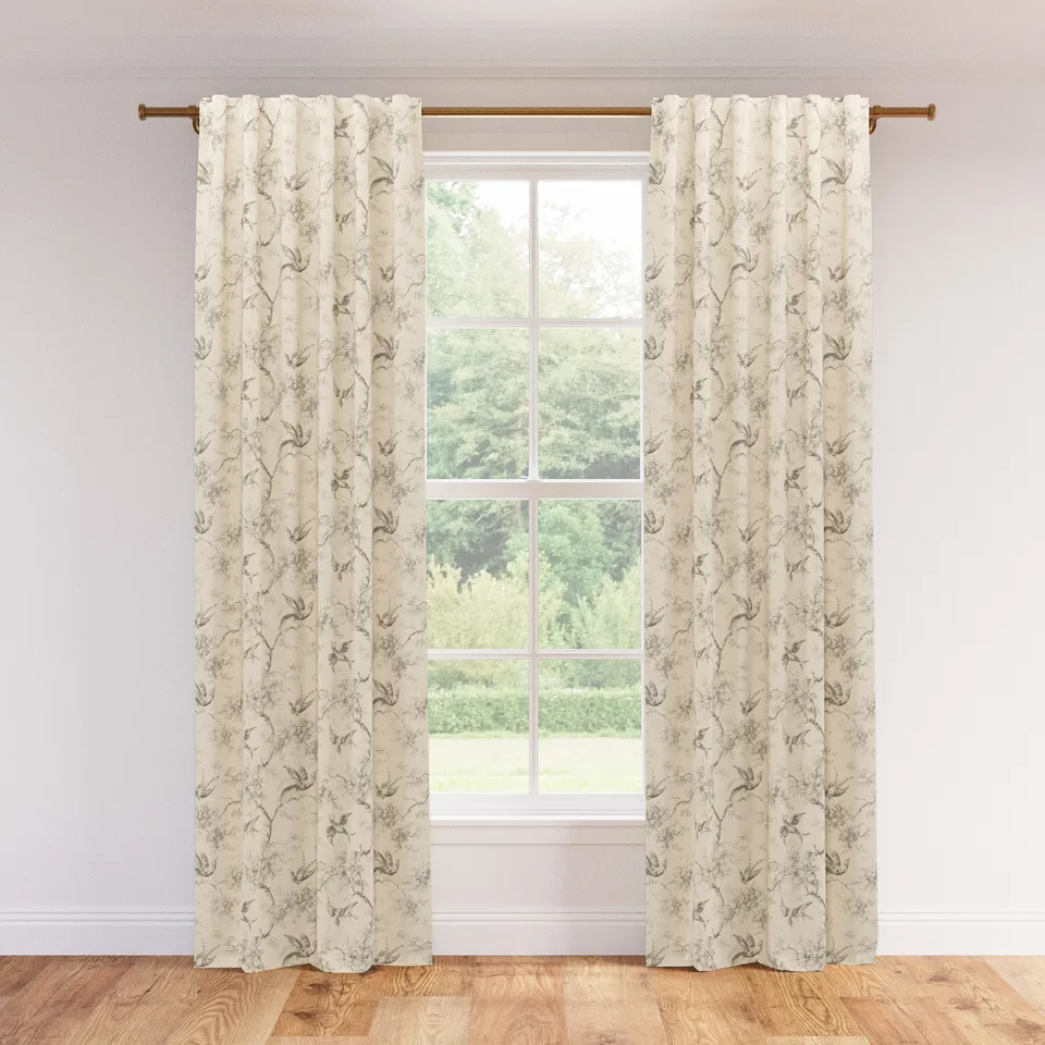 Printed Linen Curtain, Cream Swallows, 50" x 108", Blackout