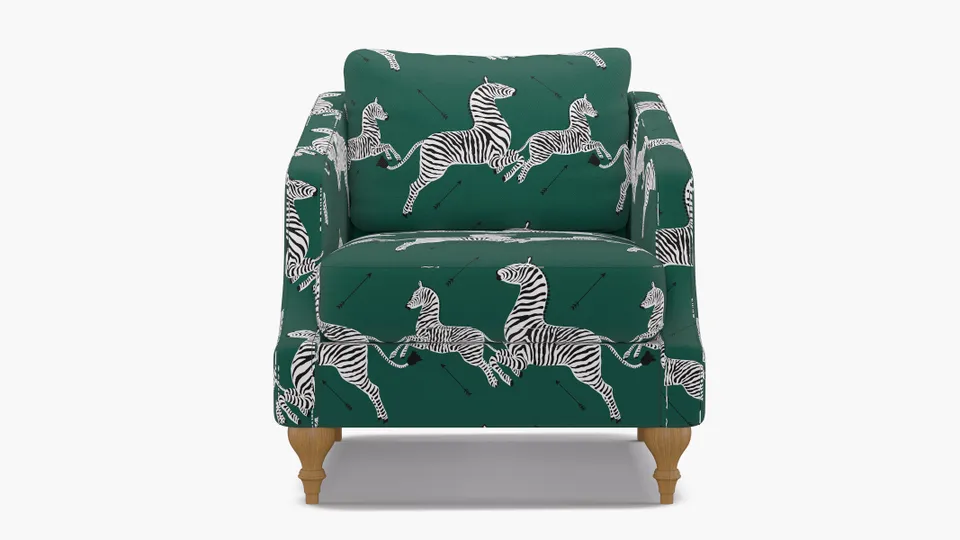 Slope Arm Chair, Emerald Zebra, Natural Turned Wood Leg