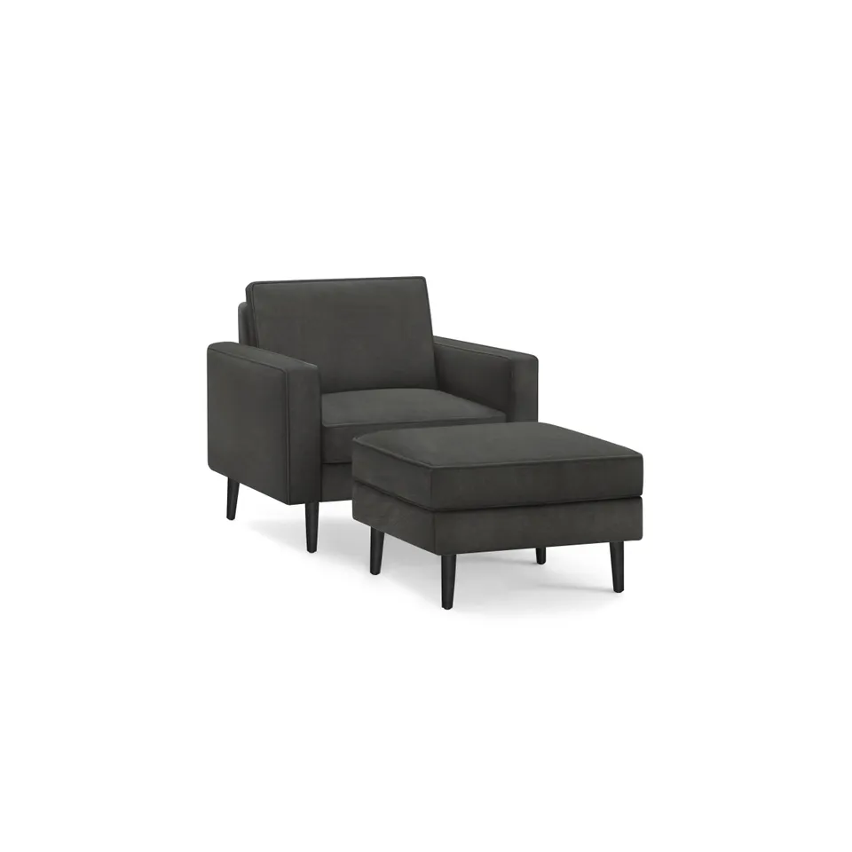 Nomad Velvet Armchair with Ottoman - Graphite Grey - Performance Velvet / Ebony - Wood
