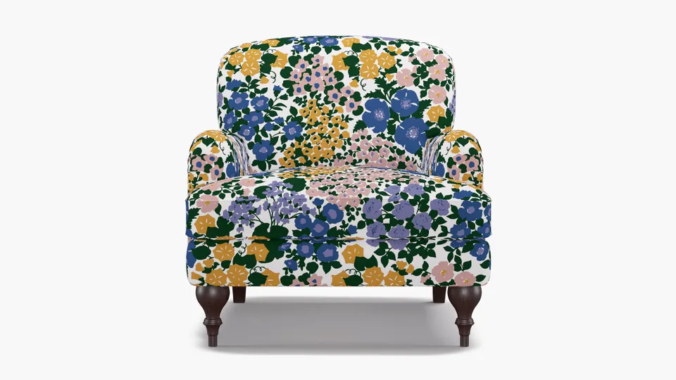 English Roll Arm Chair, Lavender Million Flowers, Espresso Turned Wood Leg