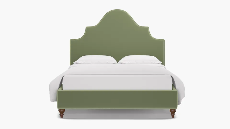 Statement Bed, Celadon Performance Plush Velvet, Walnut Traditional Turned Leg, Full