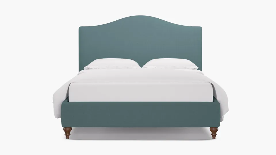 Camelback Bed, Seaglass Everyday Linen, Walnut Traditional Turned Leg, Full