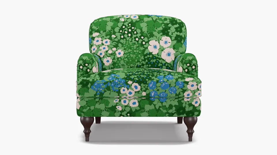 English Roll Arm Chair, Bluebird Million Flowers, Espresso Turned Wood Leg