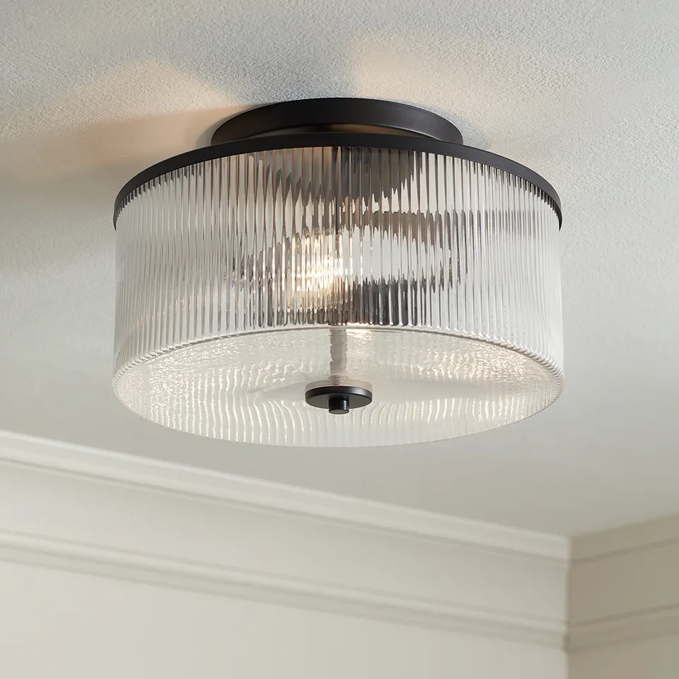 Possini Euro McKenzie 14"W Black Fluted Glass 2-Light Ceiling Light
