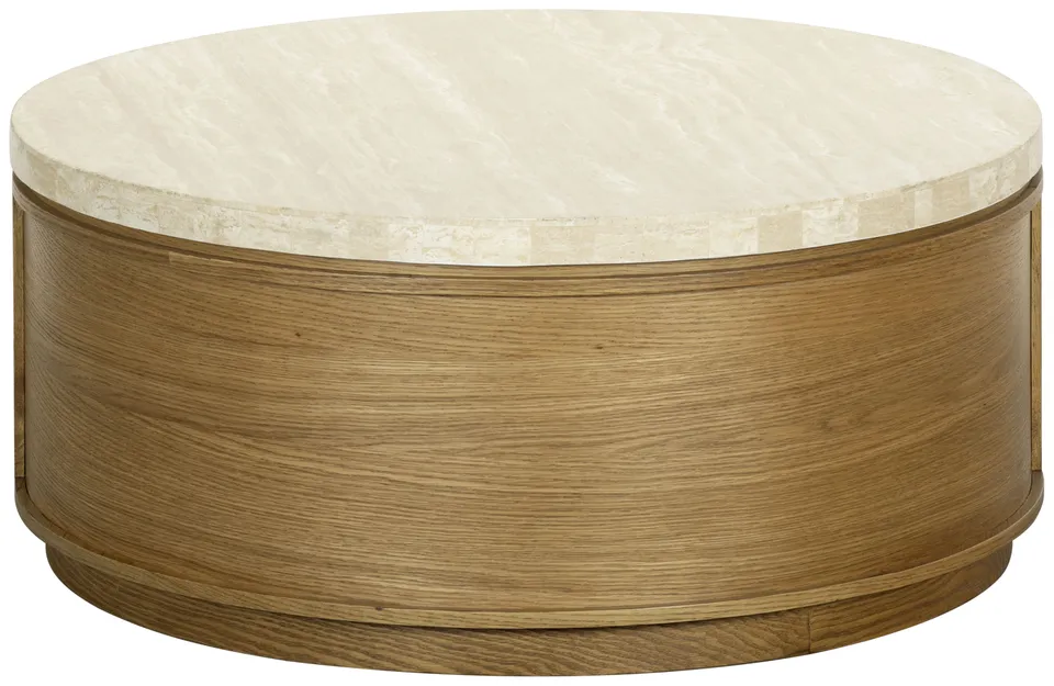 Safavieh Couture Alysandria Round Coffee Table, Brown Oak / Travertine