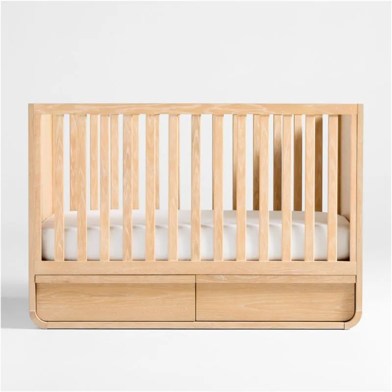 Mira Natural Oak Wood Convertible Baby Crib with Storage and Toddler Bed Rail