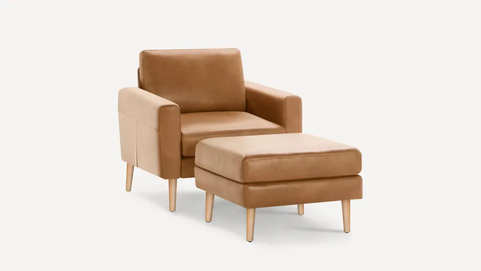 Nomad Leather Club Chair with Ottoman - Camel - Top Grain Leather / Oak - Wood / Block