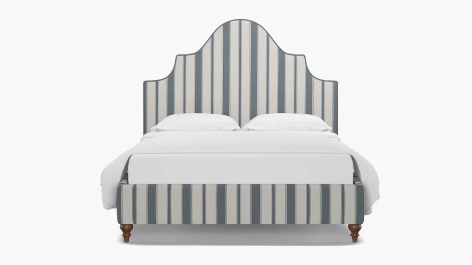 Statement Bed, French Blue Clarence Stripe, Walnut Traditional Turned Leg, Twin