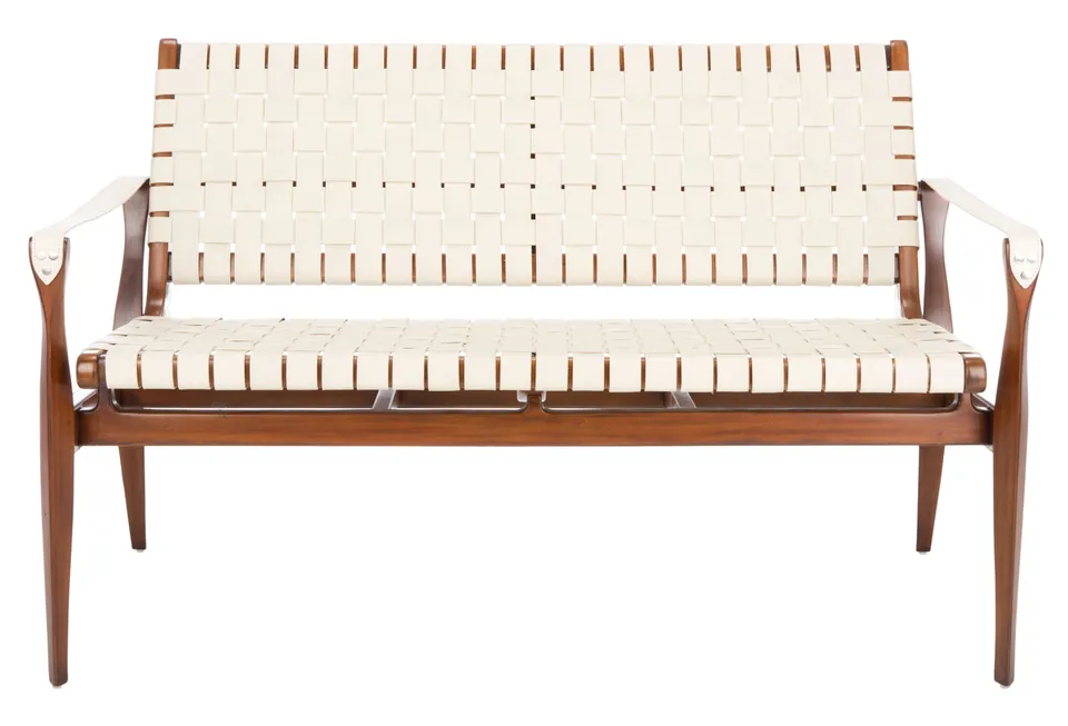 Dilan Leather Loveseat - White/Light Brown - Safavieh