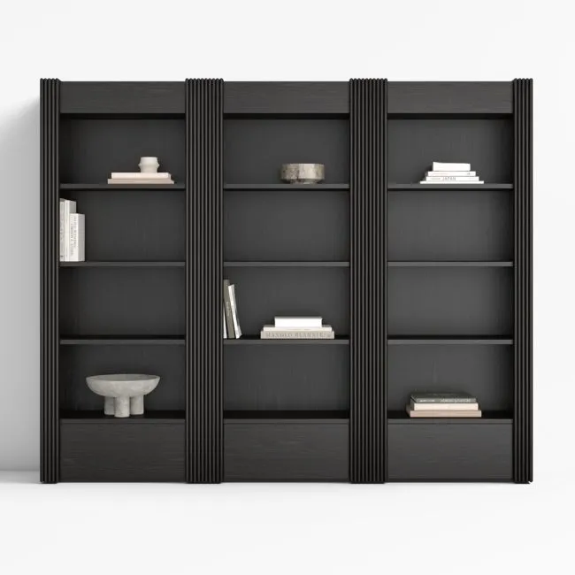 Siena 102" Black Wood 4-Shelf Storage Bookcase with Drawer, Set of 3