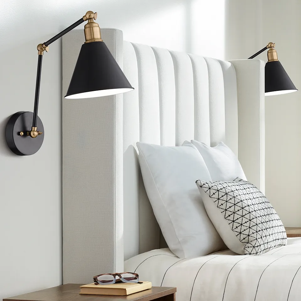 360 Lighting Wray Black and Antique Brass Hardwire Wall Lamps Set of 2