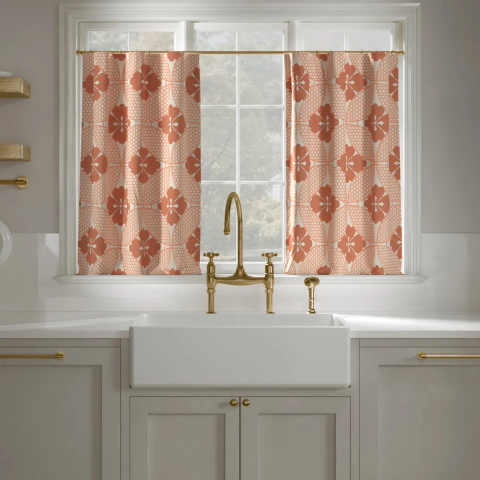 Printed Linen Café Curtain, Coral Solaire, 25" x 30", Privacy