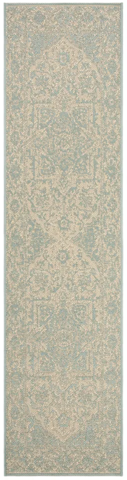 Arlo Home Indoor/Outdoor Woven Area Rug, LND139L, Cream/Aqua,  2' X 8'