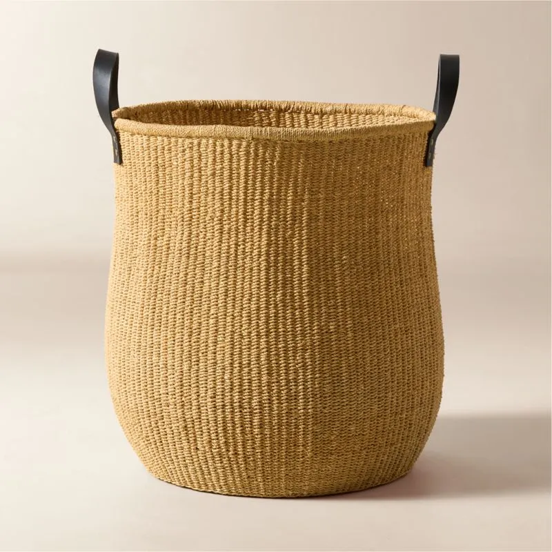 Penelope Handwoven Round Storage Basket with Black Leather Handles